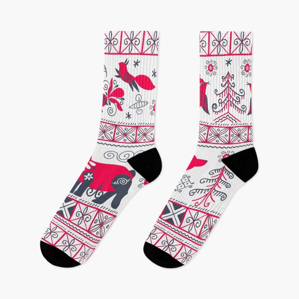 Item preview, A magic forest on the motives of Mezen painting. Symbol of the world tree and animals on it. Brown bear, squirrel, bird grouse. Red and black colors designed and sold by Olga Matskevich.