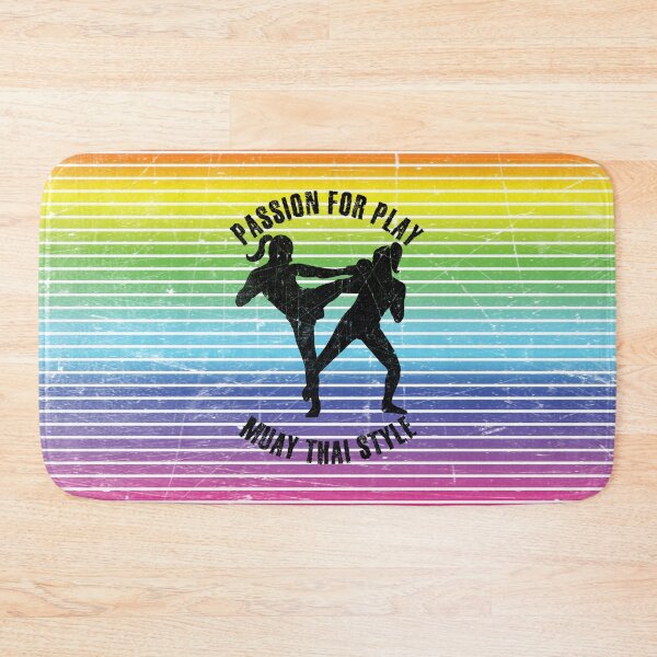 Item preview, Black silhouette of women training muay thai against the background of rainbow stripes designed and sold by HarridanCreates.