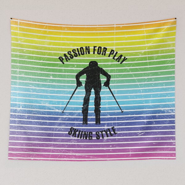 Item preview, Black silhouette of a man skiing against the background of rainbow stripes designed and sold by HarridanCreates.
