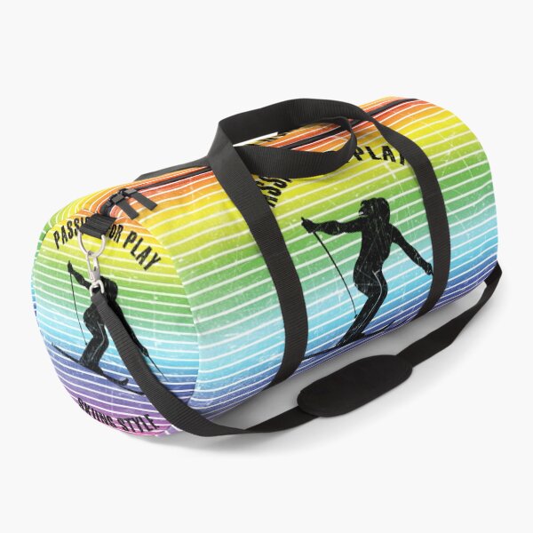 Item preview, Black silhouette of a woman skiing against the background of rainbow stripes designed and sold by HarridanCreates.