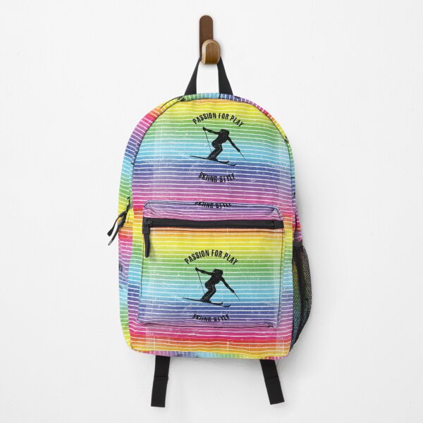 Item preview, Black silhouette of a woman skiing against the background of rainbow stripes designed and sold by HarridanCreates.