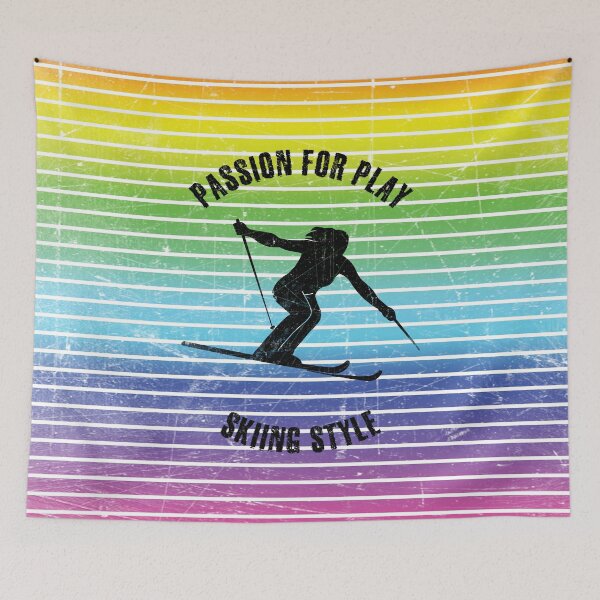Item preview, Black silhouette of a woman skiing against the background of rainbow stripes designed and sold by HarridanCreates.