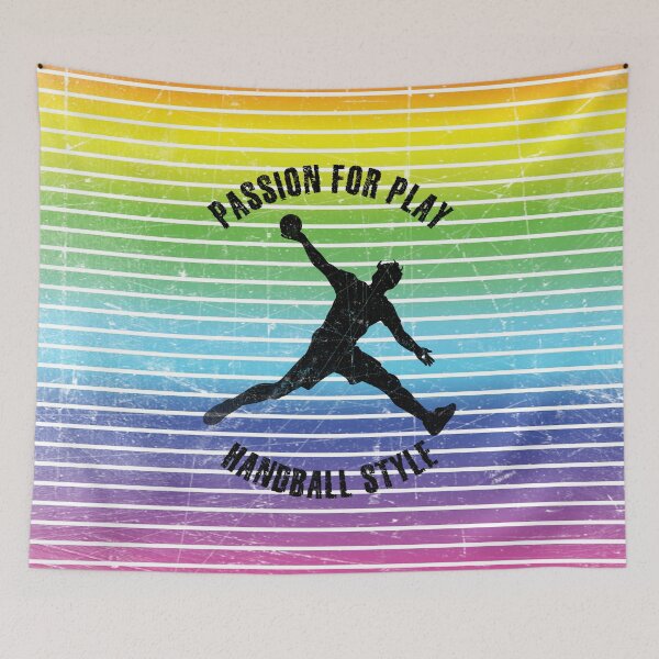 Item preview, Black silhouette of a man with a handball against the background of rainbow stripes designed and sold by HarridanCreates.