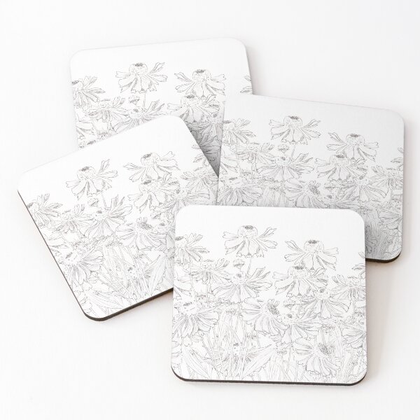 Item preview, black and white helenium flower drawing hand painted  designed and sold by ColorandColor.