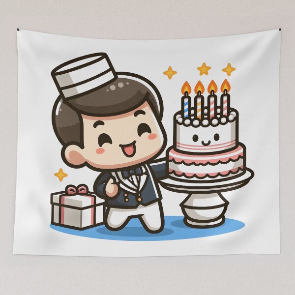 Item preview, Kawaii Waiter With A Birthday Hat And A Joyful Expression designed and sold by CanvasCutie.