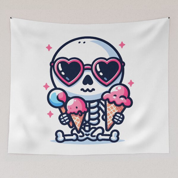 Item preview, Kawaii Whimsical Skeleton Eating Ice Cream With Heart-Shaped Sunglasses designed and sold by CanvasCutie.