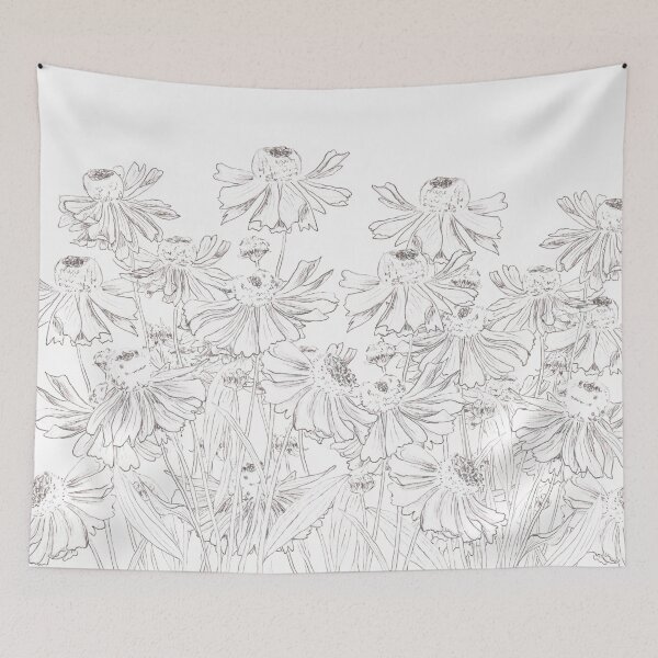Item preview, black and white helenium flower drawing hand painted  designed and sold by ColorandColor.