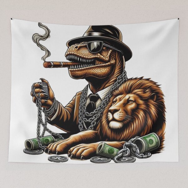 Item preview, A gangster dinosaur with a majestic lion.   designed and sold by GALACTICArtsUSA.