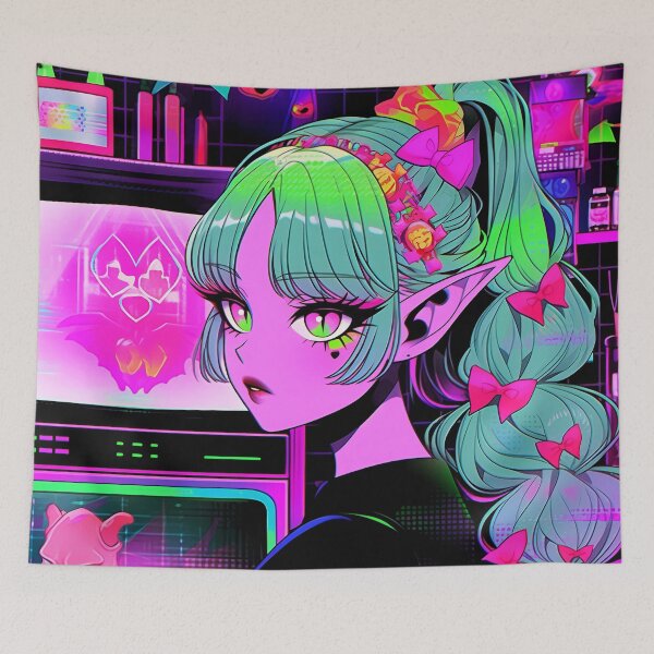 Item preview, Neon Gothic Kawaii Cyber Fantasy Anime Girl designed and sold by bubblegoth.