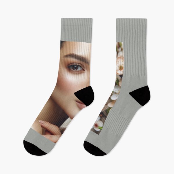 Item preview, Portrait of a woman with natural makeup highlighting her unique features, surrounded by a soft blur of spring flowers designed and sold by AndreaMart.