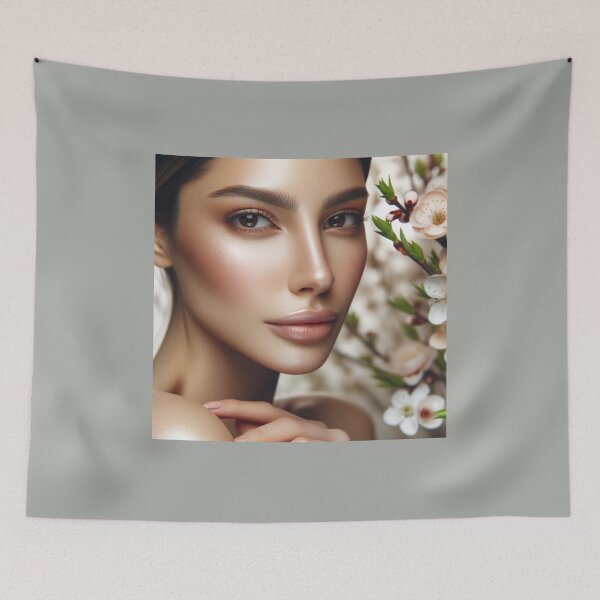 Item preview, Portrait of a woman with natural makeup highlighting her unique features, surrounded by a soft blur of spring flowers designed and sold by AndreaMart.
