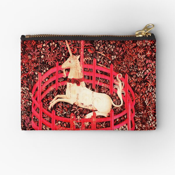 UNICORN AND GOTHIC FANTASY FLOWERS, RED FLORAL MOTIFS Zipper Pouch