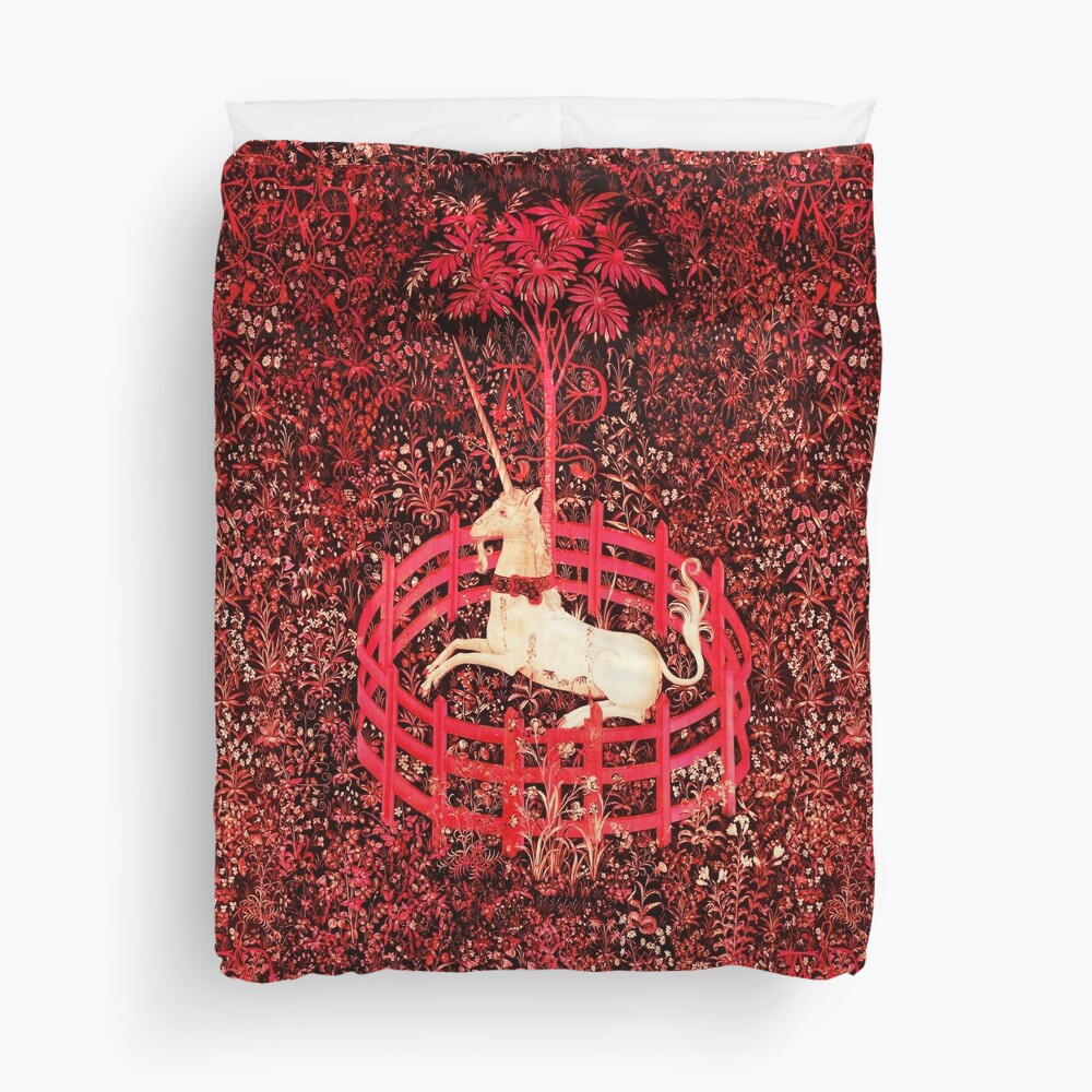UNICORN AND GOTHIC FANTASY FLOWERS, RED FLORAL MOTIFS Duvet Cover