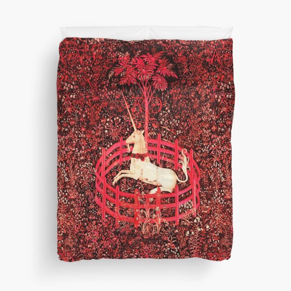 UNICORN AND GOTHIC FANTASY FLOWERS, RED FLORAL MOTIFS Duvet Cover