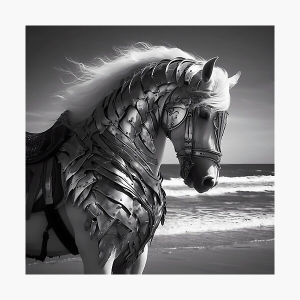 Item preview, Black and white portrait of a white horse in armor on the beach designed and sold by OD ..
