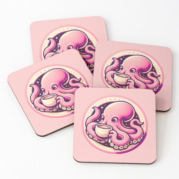 Item preview, Retro pink octopus drinking coffee designed and sold by BritishDelights.