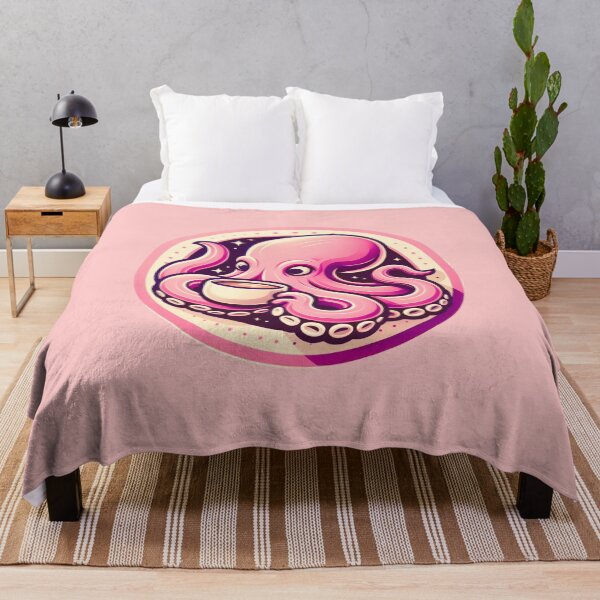 Item preview, Retro pink octopus drinking coffee designed and sold by BritishDelights.