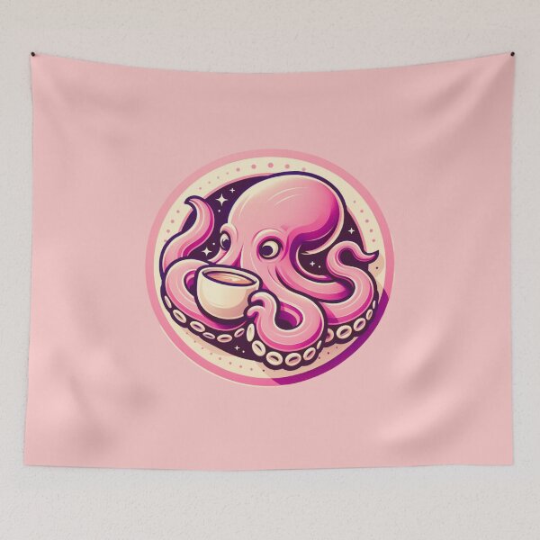Item preview, Retro pink octopus drinking coffee designed and sold by BigfeetLittlepaws.