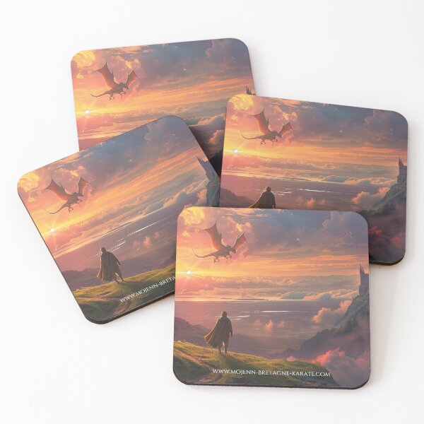 Item preview, Celtic fantasy by mojenn, dragon in the sky while an adventurer walks towards a castle designed and sold by MojennEditions.