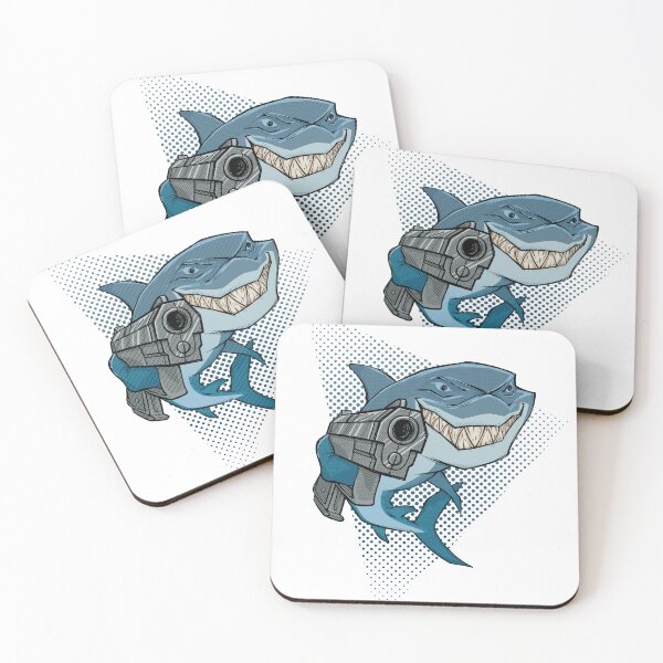 Item preview, Shark Smiling with a Gun Teal and Blue designed and sold by SaraVLeoni.