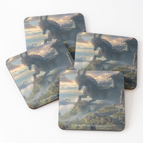Item preview, celtic fantasy by mojenn, dragon in the sky while an adventurer walks towards a castle designed and sold by MojennEditions.