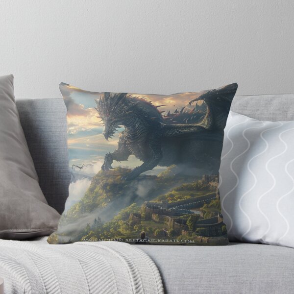 Item preview, celtic fantasy by mojenn, dragon in the sky while an adventurer walks towards a castle designed and sold by MojennEditions.