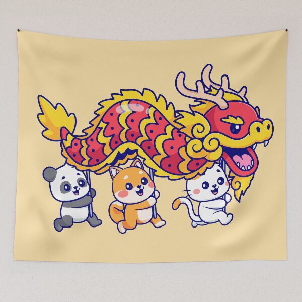 Item preview, Harmony Parade: Cute Panda, Shiba Inu, Dog, Cat Bring Chinese Dragon Barongsai Cartoon Vector Icon" designed and sold by hjian8219.