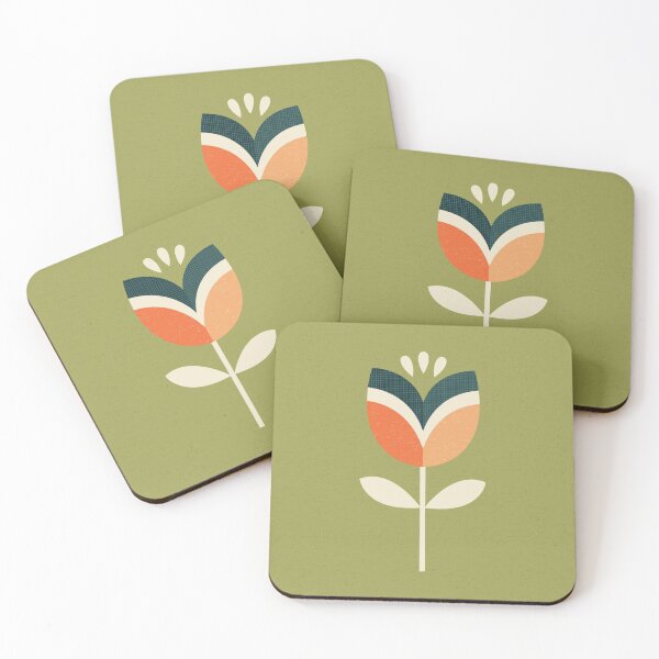 Retro Tulip - Orange and Olive Green Coasters (Set of 4)