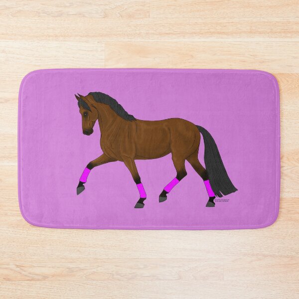 Item preview, Trotting Bay Warmblood Horse with Hot Pink Wraps designed and sold by DappledMoon.