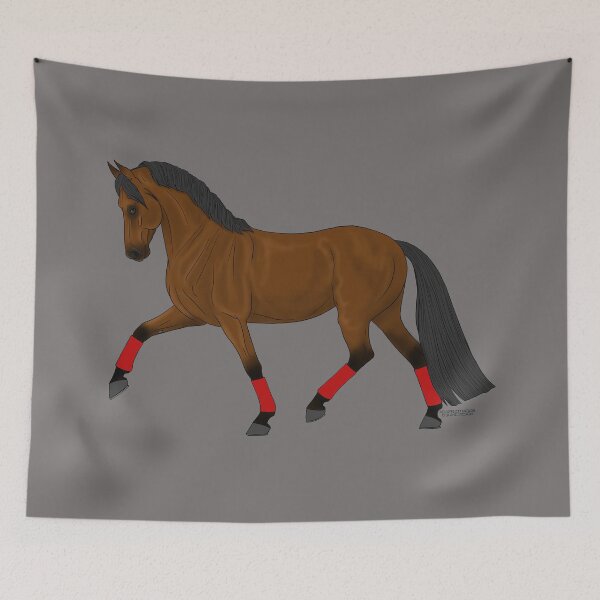 Item preview, Trotting Bay Warmblood Horse with Red Wraps designed and sold by DappledMoon.