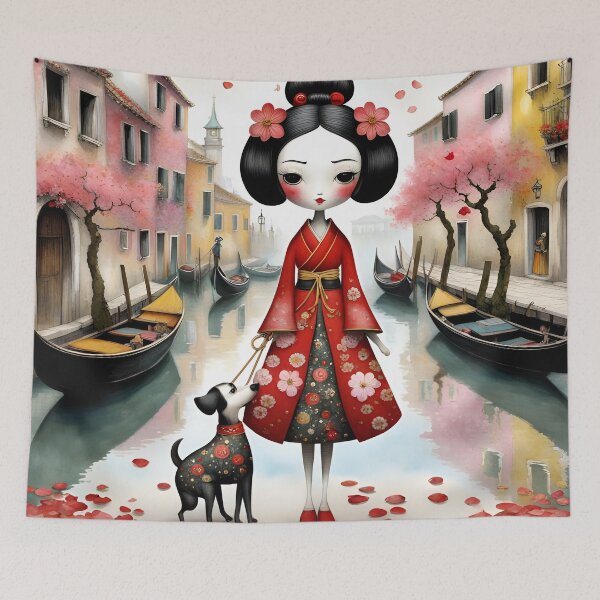 Item preview, Geisha doll with dog in Venice, with gondola, Italy, Venice designed and sold by Coolparrotgirl.