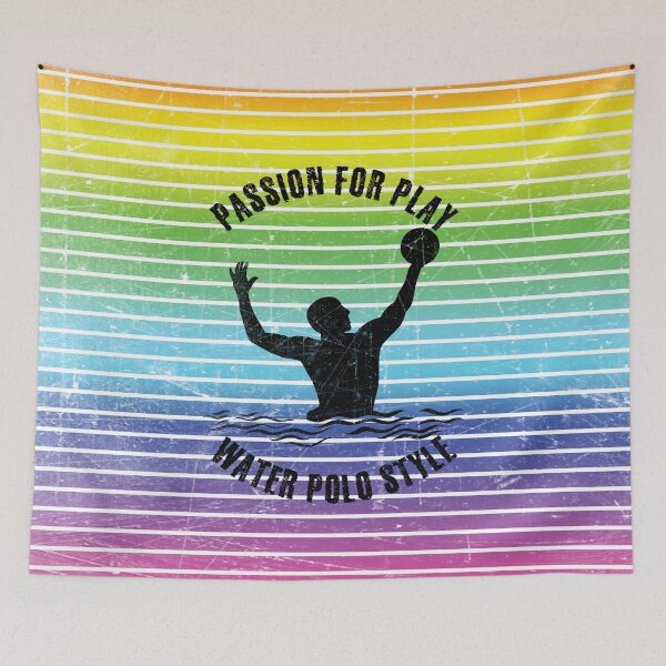 Item preview, Black silhouette of a water polo player against the background of rainbow stripes designed and sold by HarridanCreates.