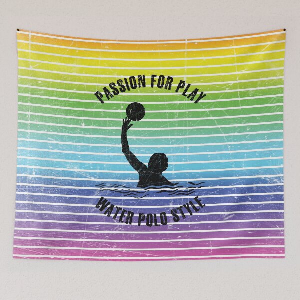 Item preview, Black silhouette of a female water polo player against the background of rainbow stripes designed and sold by HarridanCreates.