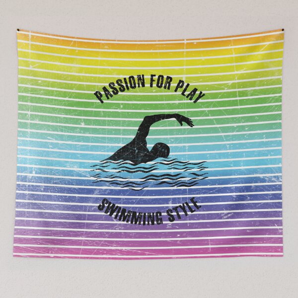 Item preview, Black silhouette of a swimmer against the background of rainbow stripes designed and sold by HarridanCreates.