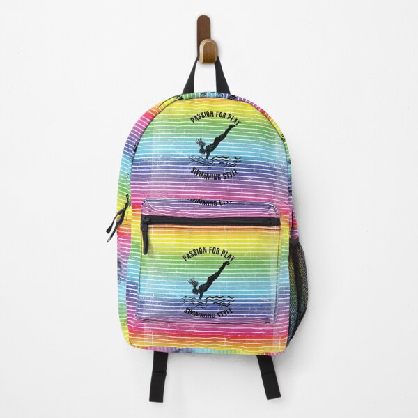 Vista previa del artículo con la obra «Silueta negra de una nadadora sobre un fondo de rayas de arco iris», diseñado y vendido por HarridanCreates.