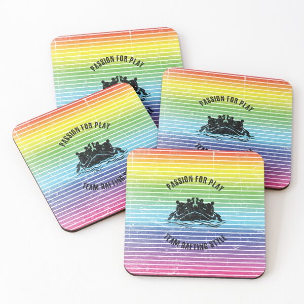 Item preview, Black silhouettes of rafting swimmers against the background of rainbow stripes designed and sold by HarridanCreates.