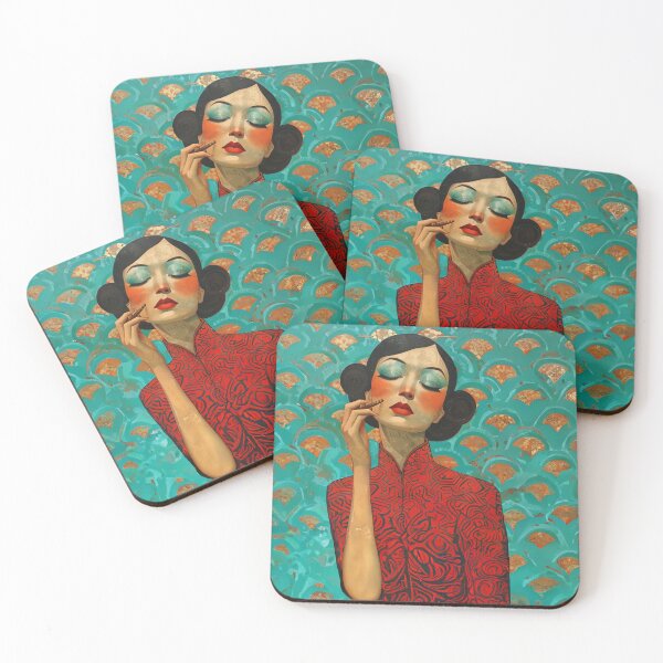 Item preview, Shanghai Smoking Girl Art Deco Red and Turquoise designed and sold by Meeheemaha.