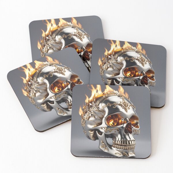 Item preview, Silver Skull With Golden Details in Flames designed and sold by ThralStore.