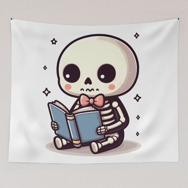 Item preview, Kawaii Whimsical Skeleton Reading A Book With Bowtie designed and sold by CanvasCutie.
