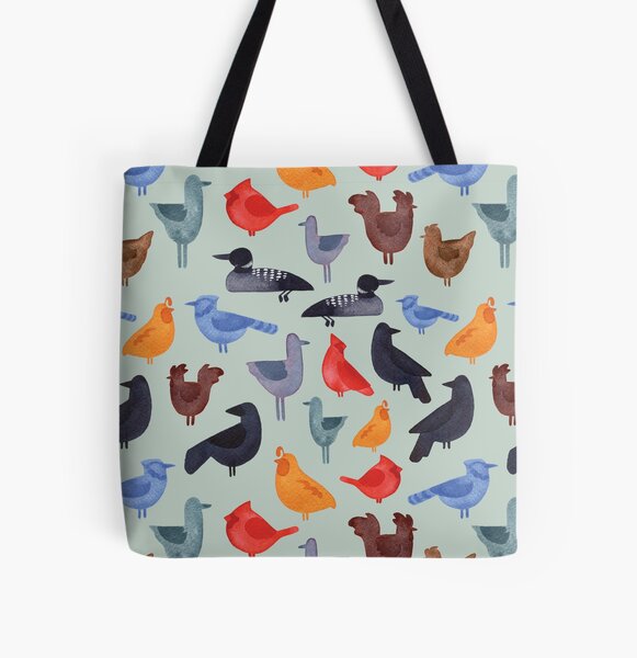 Watercolor Busy Birds on Sage All Over Print Tote Bag