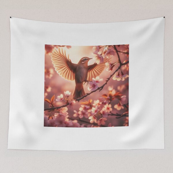 Item preview, A bird landing on a blooming cherry branch designed and sold by MzulhilmiZam.