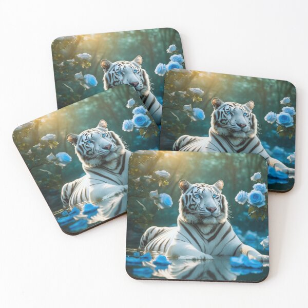 Item preview, Spectral Guardian: White Tiger Amidst Azure Roses designed and sold by JZDezignsz.