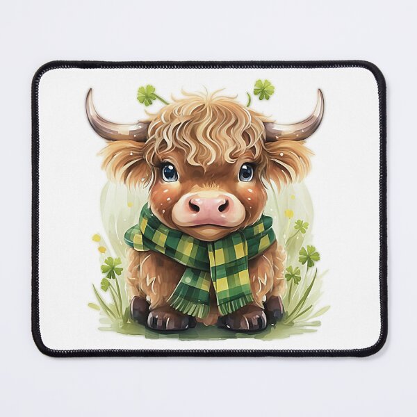 Item preview,  cute baby highland cow wearing a plaid green scarf with clovers around designed and sold by Anastasiia Lang.