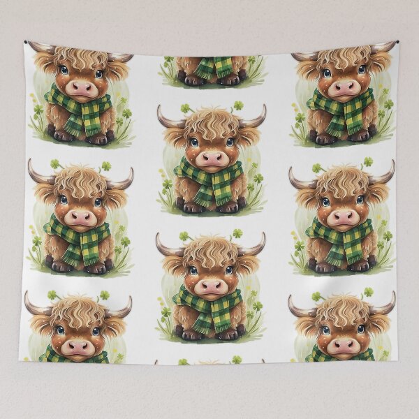 Item preview,  cute baby highland cow wearing a plaid green scarf with clovers around designed and sold by Anastasiia Lang.