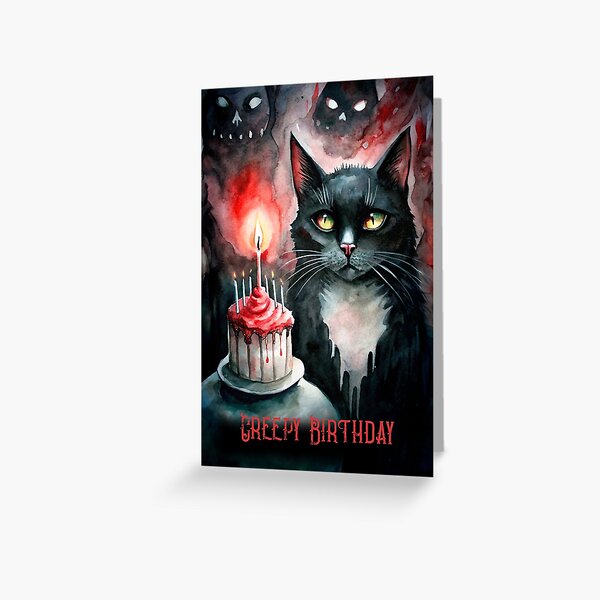 Vista previa del artículo con la obra «Cumpleaños Espeluznante Gato Negro Con Pastel Rojo Acuarela Gótica», diseñado y vendido por Lelijo.