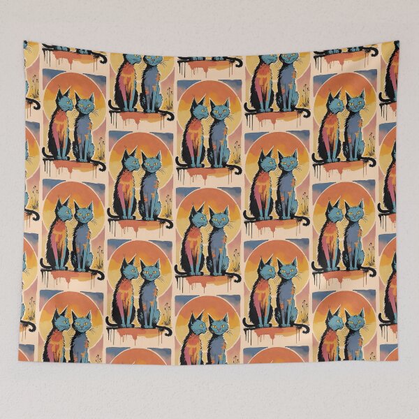 Item preview, Boho Retro Two Cats - Simple Illustration in green, Blue, and Black designed and sold by ironpalette.
