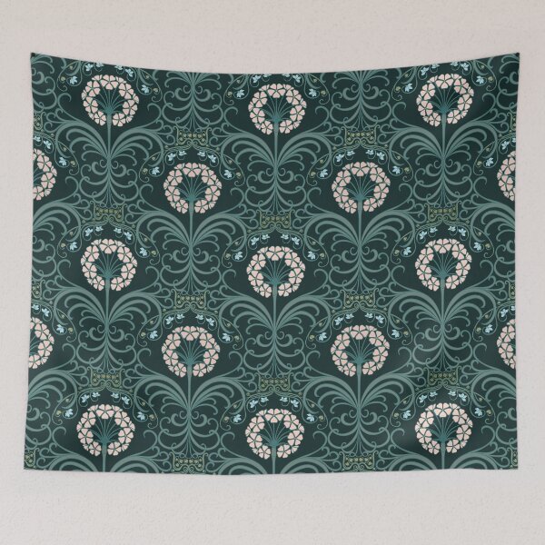 Item preview, Art nouveau pink geranium flowers vintage pattern dark teal tones designed and sold by trefail.