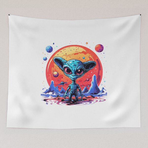 Item preview, a cartoon alien with planets in the background designed and sold by Enga6.