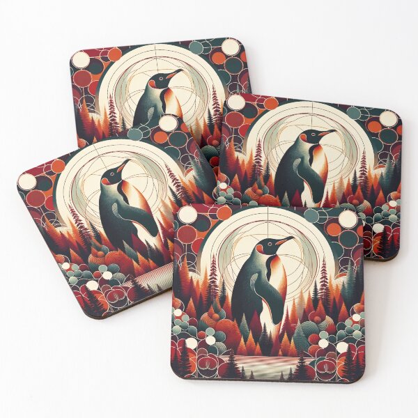 Item preview, Red Orange Maroon Penguin In The Forest Geometric Abstract 1970s Illustration Pattern designed and sold by PenguinForests.
