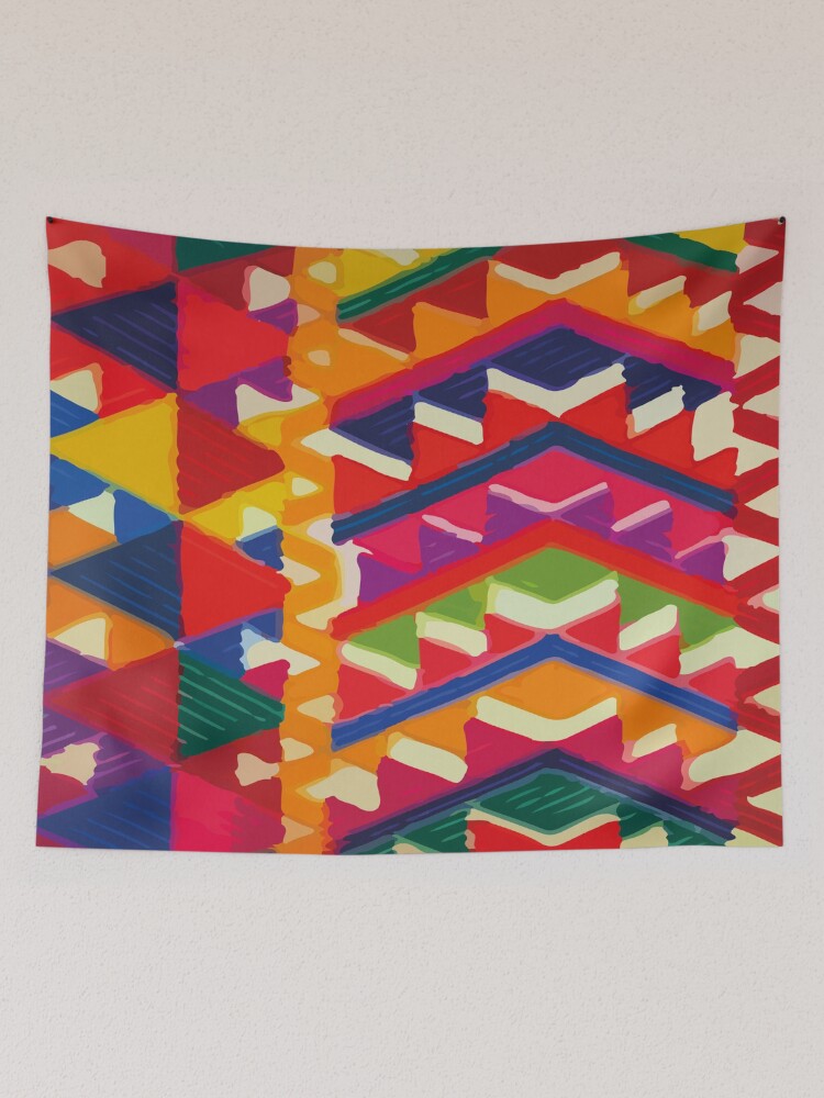 Aperçu 2 sur 3. Tentures avec l'œuvre Tissu à chevrons multicolores, décor maximaliste, vinaigrette dopamine, motif vibrant créée et vendue par T-Mex.